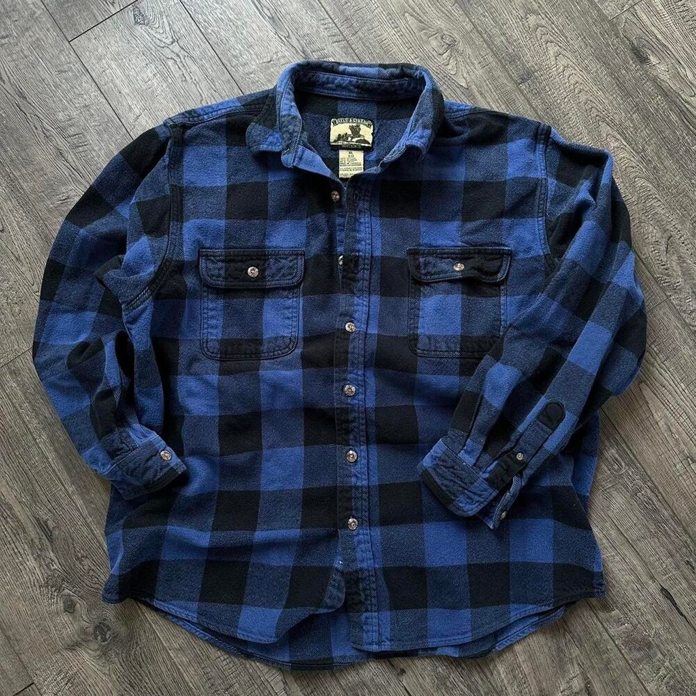 Vintage Faded Heavy Cotton Blue Black Flannel Work Shirt - Picture 1 of 5